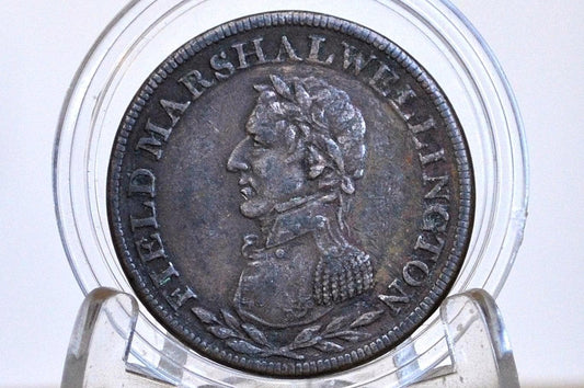 Rarer 1813 Canada Lower Bank Half Penny Token, Field Marshal Wellington Variety, Trident Reverse - XF Condition - 1/2 Penny Token Canada 181