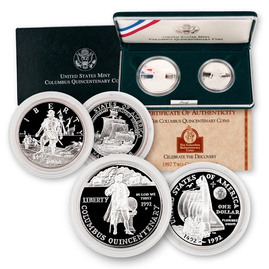 1992 P + S Columbus Quincentenary Silver Dollar Clad Half Dollar 2 Coin Set W/ Box And Coa