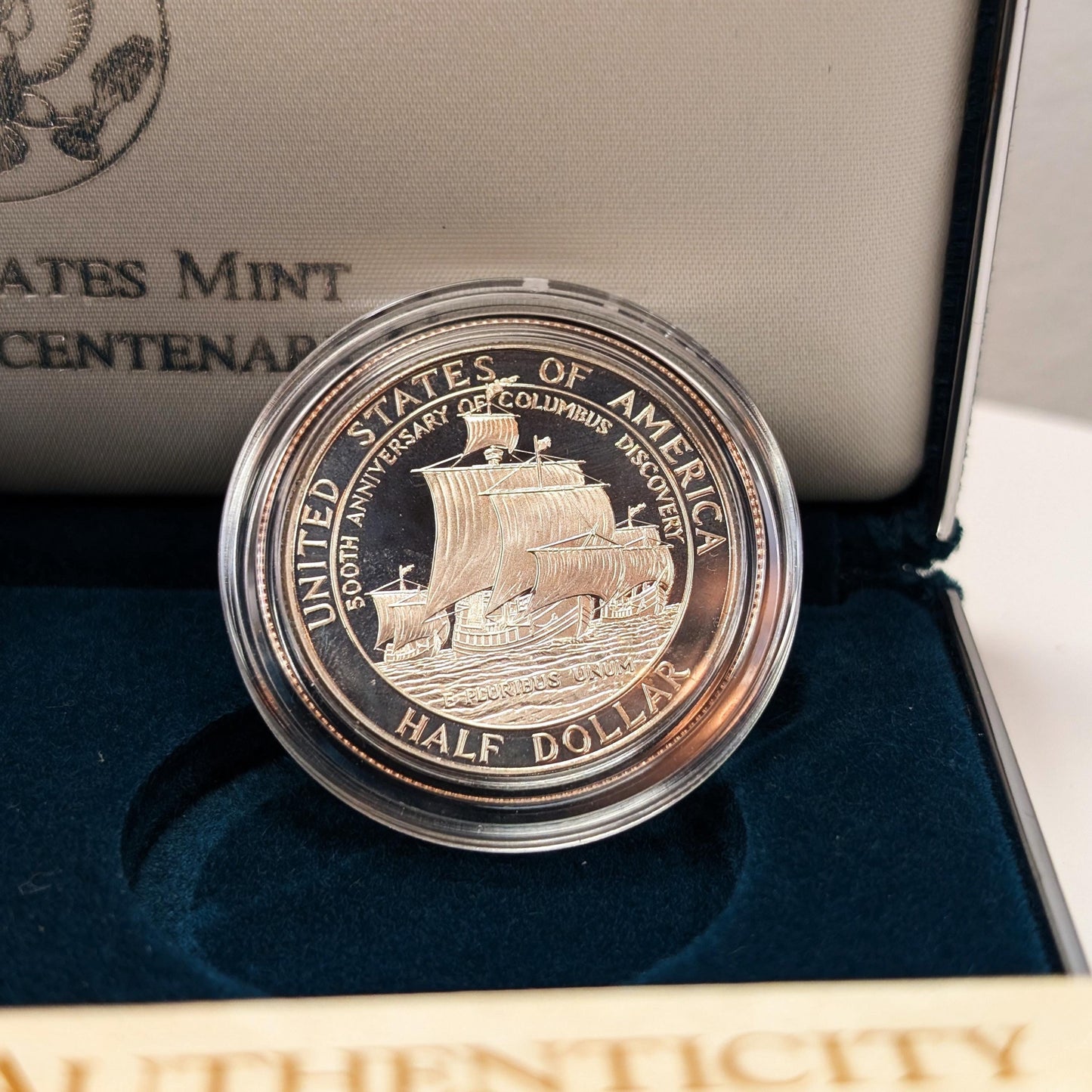 1992 P + S Columbus Quincentenary Silver Dollar Clad Half Dollar 2 Coin Set W/ Box And Coa