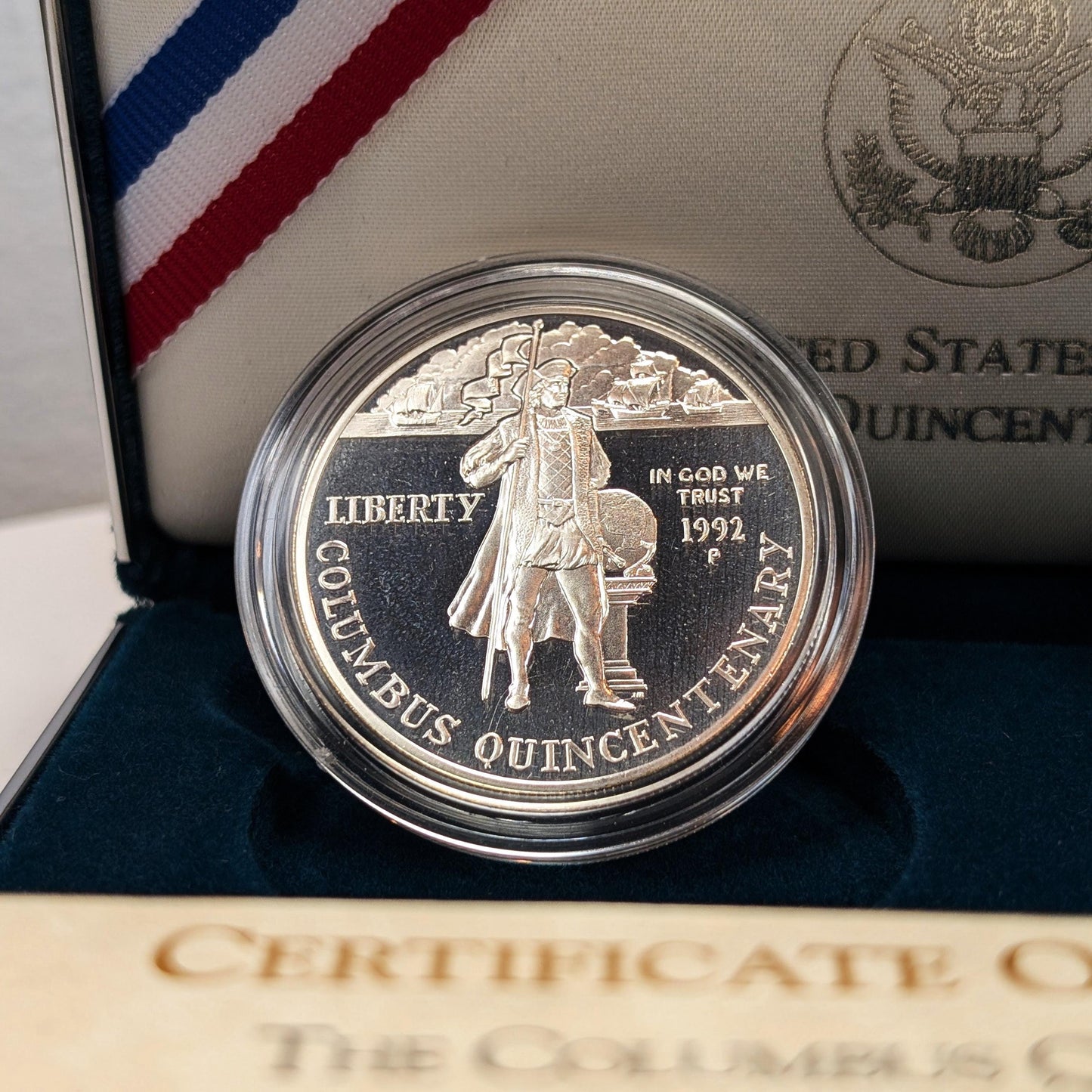 1992 P + S Columbus Quincentenary Silver Dollar Clad Half Dollar 2 Coin Set W/ Box And Coa