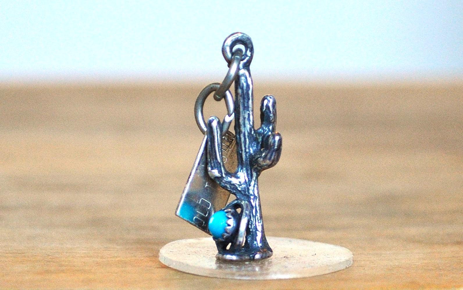 Bell Trading Post Old Tucson Turquoise Cactus Pendant - Stamped and Tested Sterling Silver - Old Tucson Arizona - Saguaro Charm