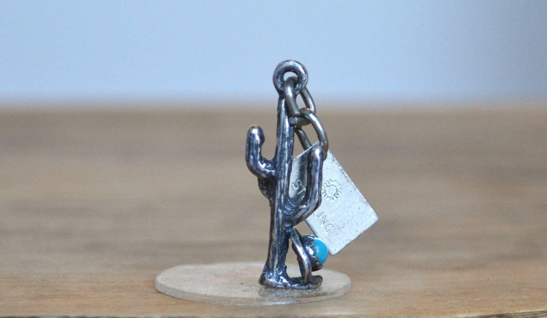 Bell Trading Post Old Tucson Turquoise Cactus Pendant - Stamped and Tested Sterling Silver - Old Tucson Arizona - Saguaro Charm