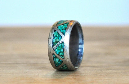 Sterling Silver Triangle Shaped Mosaic Turquoise Ring - Size 4 - Stamped and Tested Sterling Silver - Smaller Ring