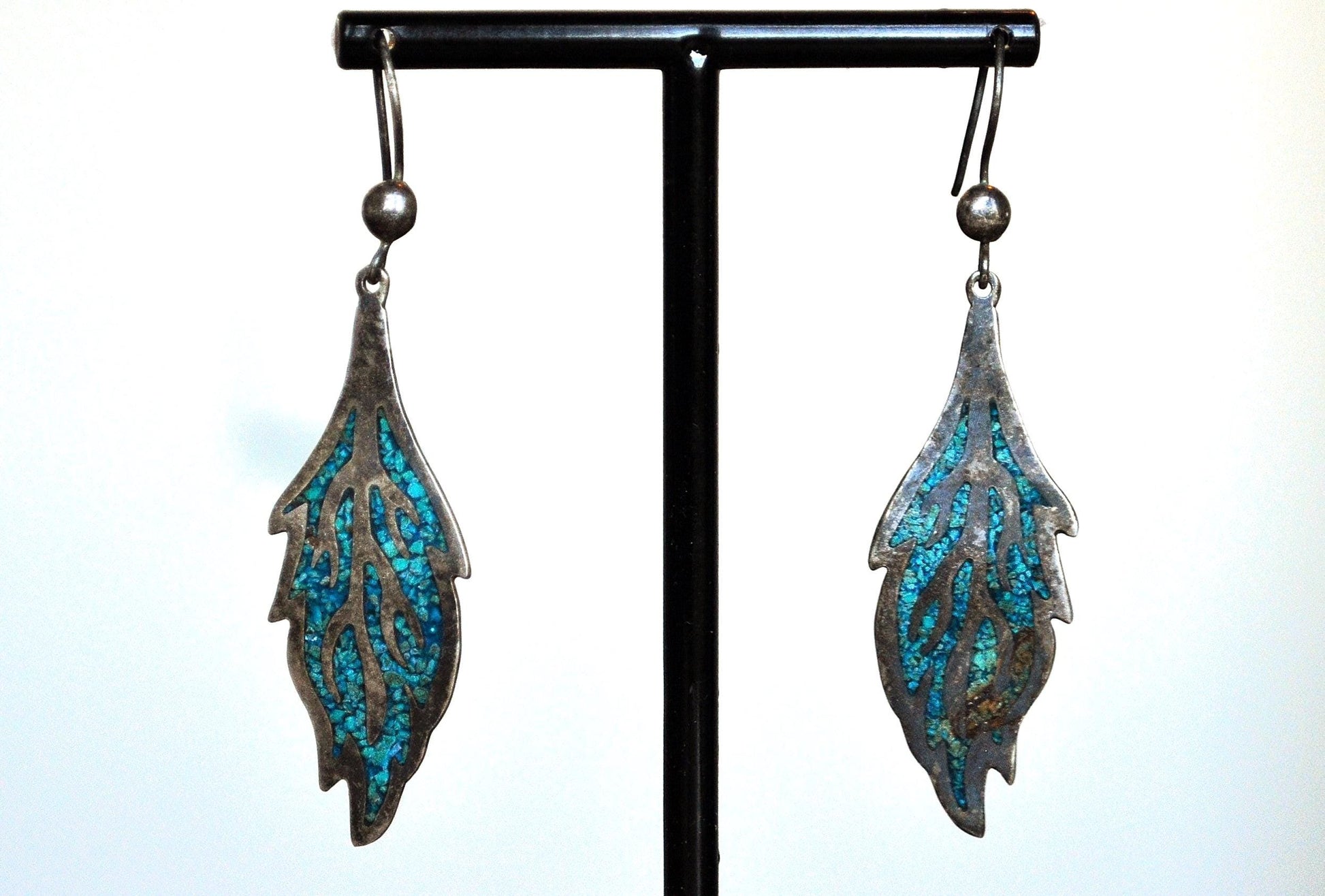 Sterling Silver Mosaic Turquoise Earrings - Stamped and Tested Sterling Silver - Turquoise Mosaic Flame Earrings
