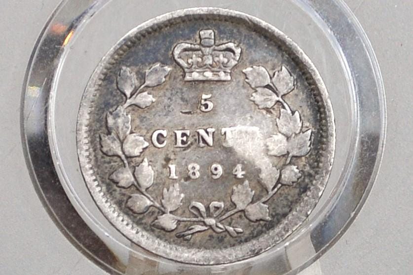 1894 Canadian Silver 5 Cent Coin - VF Detail, Dented - Queen Victoria - Canada 5 Cent Sterling Silver 1894 Canada, Rarer Date, Low Mintage