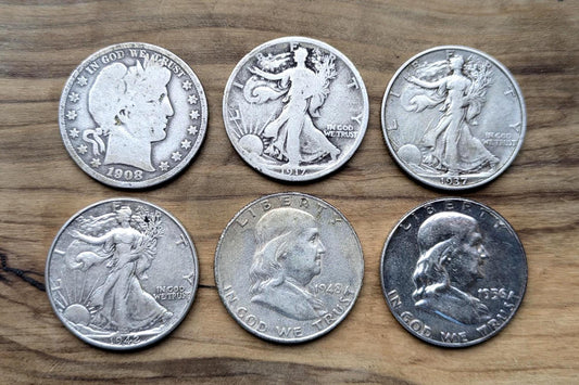 Small Silver Half Dollar Collection - 6 Half Dollars - Various Dates and Mints - Barber, Franklin, Walking Liberty