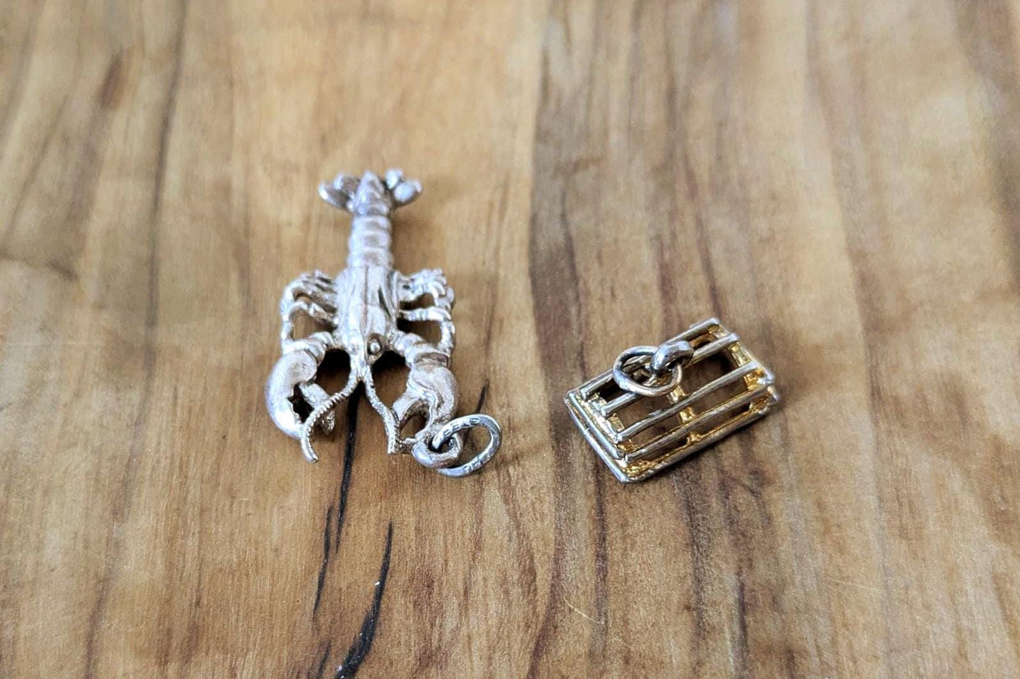 Sterling Silver Moveable Maine Lobster & Trap Pendants - Tested Sterling Silver - Maine Lobster Charm Set