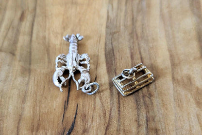 Sterling Silver Moveable Maine Lobster & Trap Pendants - Tested Sterling Silver - Maine Lobster Charm Set