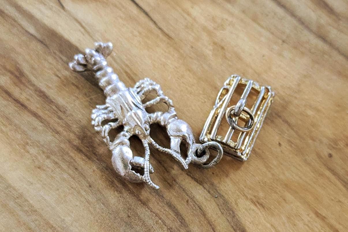 Sterling Silver Moveable Maine Lobster & Trap Pendants - Tested Sterling Silver - Maine Lobster Charm Set