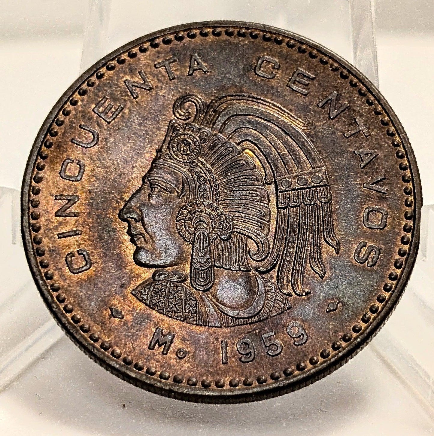 Beautiful 1959 Mexico Fifty Centavos Cincuenta Bronze Cuauhtémoc Aztec Design AU UNC