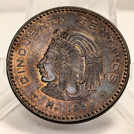 Beautiful 1959 Mexico Fifty Centavos Cincuenta Bronze Cuauhtémoc Aztec Design AU UNC