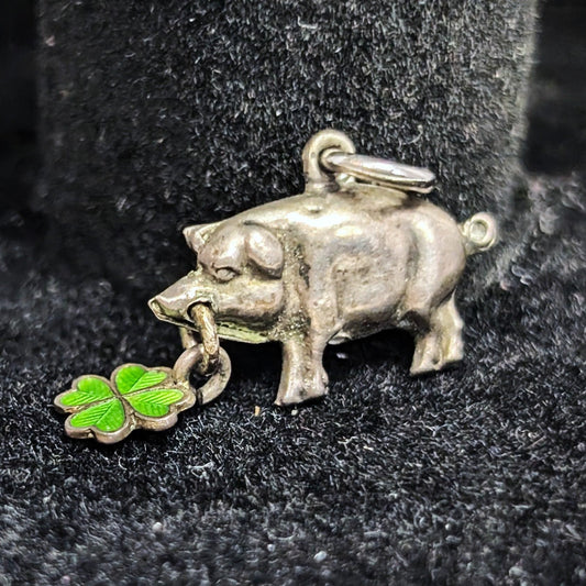 Vintage Sterling Irish Pig and Clover Charm for Good luck and Prosperity European Folklore