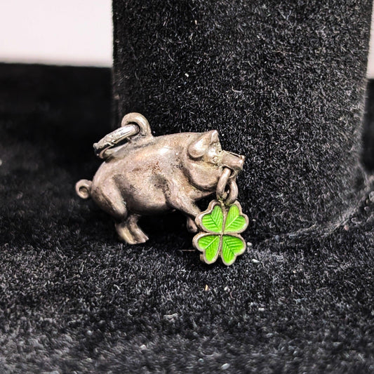 Vintage Sterling Irish Pig and Clover Charm for Good luck and Prosperity European Folklore