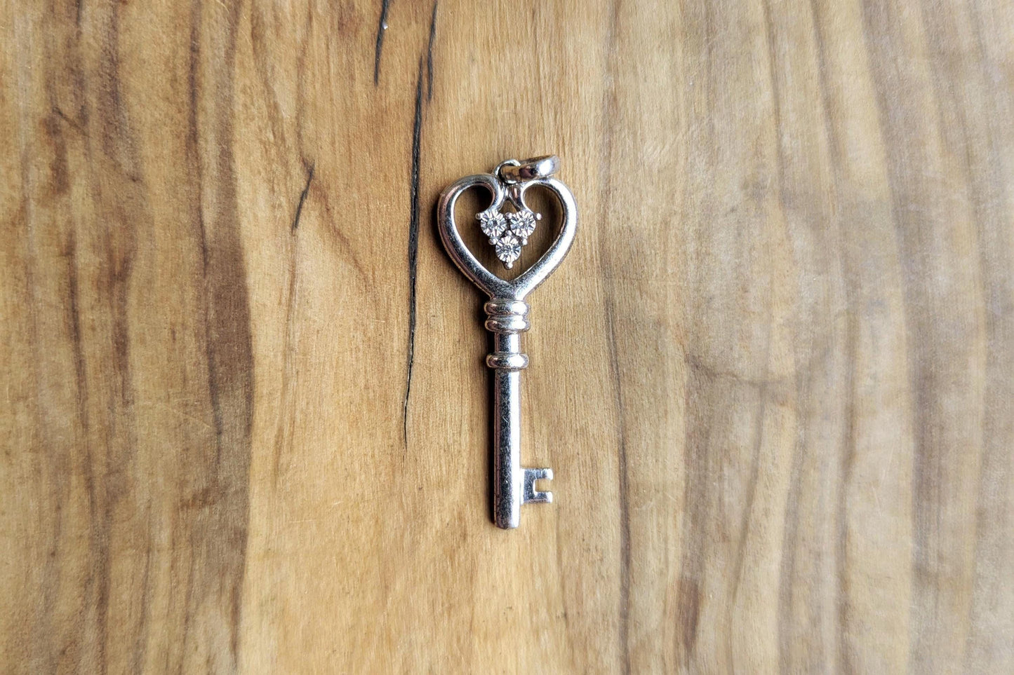 Sterling Silver Diamond Accented Heart Shaped Key Charm - Stamped and Tested Sterling Silver - Lovers Charm