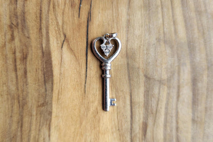 Sterling Silver Diamond Accented Heart Shaped Key Charm - Stamped and Tested Sterling Silver - Lovers Charm
