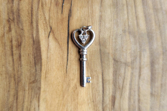 Sterling Silver Diamond Accented Heart Shaped Key Charm - Stamped and Tested Sterling Silver - Lovers Charm