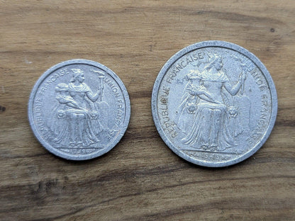 1949 & 52 French Oceania Franc Coin Set - XF/AU Condition - Aluminum - 1940s Franc - French Overseas Territory -