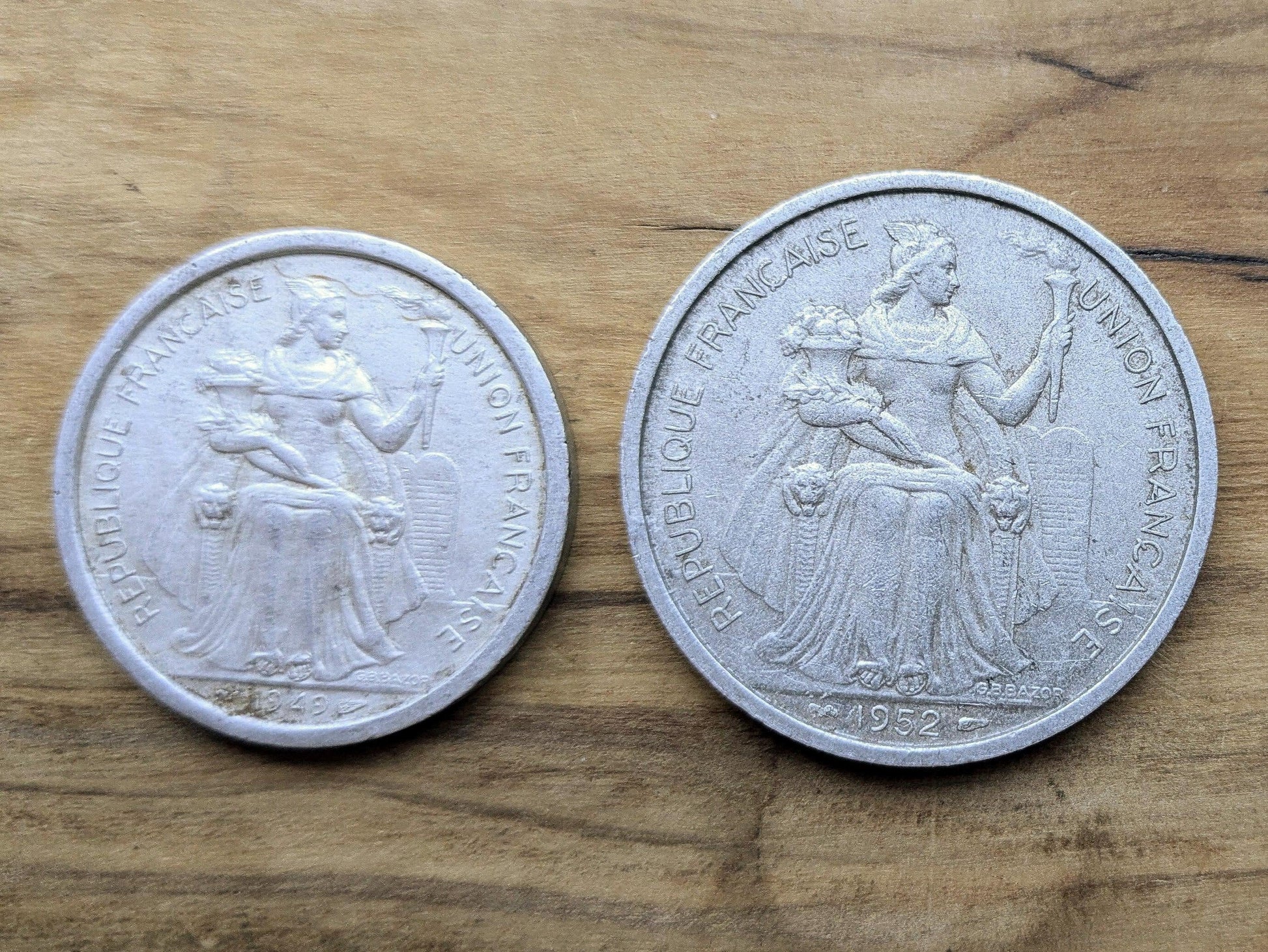 1949 & 52 French Oceania Franc Coin Set - XF/AU Condition - Aluminum - 1940s Franc - French Overseas Territory -