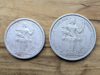 1949 & 52 French Oceania Franc Coin Set - XF/AU Condition - Aluminum - 1940s Franc - French Overseas Territory -