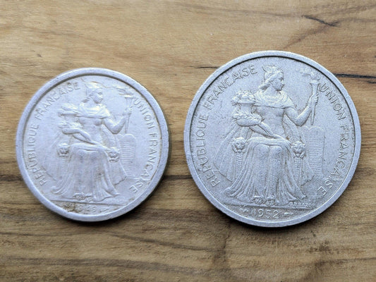 1949 & 52 French Oceania Franc Coin Set - XF/AU Condition - Aluminum - 1940s Franc - French Overseas Territory -