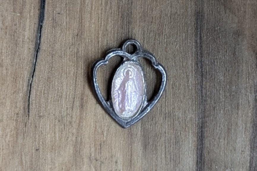 Antique Sterling Silver Small HMH Religious Heart Miraculous Medal Pendant - Stamped and Tested Sterling Silver - Christian Medal - Italian