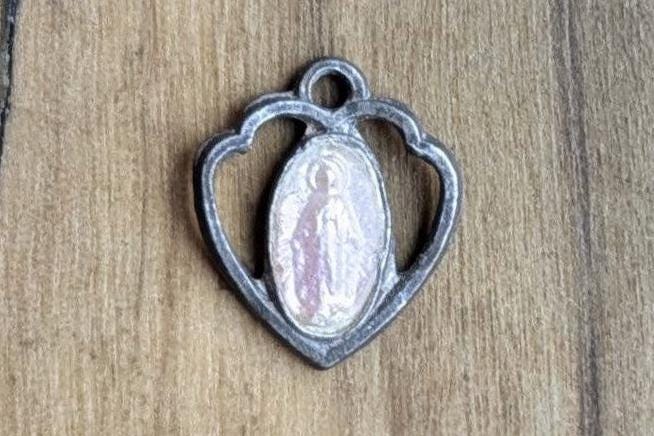 Antique Sterling Silver Small HMH Religious Heart Miraculous Medal Pendant - Stamped and Tested Sterling Silver - Christian Medal - Italian
