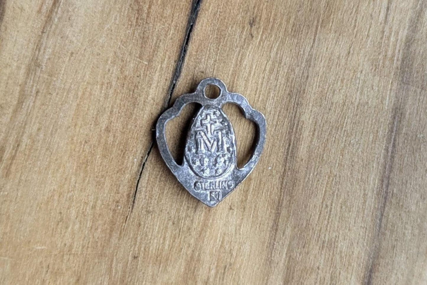 Antique Sterling Silver Small HMH Religious Heart Miraculous Medal Pendant - Stamped and Tested Sterling Silver - Christian Medal - Italian