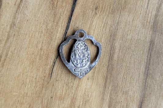 Antique Sterling Silver Small HMH Religious Heart Miraculous Medal Pendant - Stamped and Tested Sterling Silver - Christian Medal - Italian