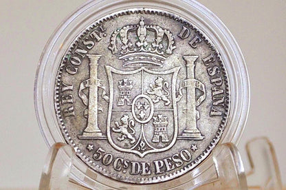 1885 Philippines Silver 50 Centavos - F/VF Condition - 1885 Silver Fifty Centavos Spanish Philippines - Alfonso XII -