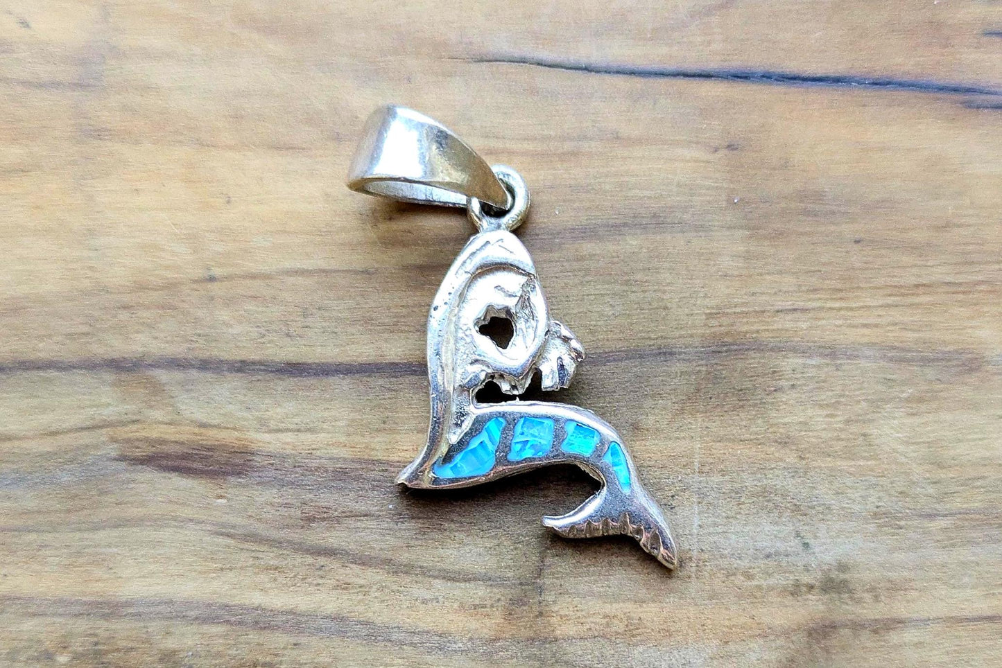 Sterling Silver Mermaid Inlay Fire Blue Opal Pendent - Stamped and Tested Sterling Silver - 950 Silver Mermaid Pendant
