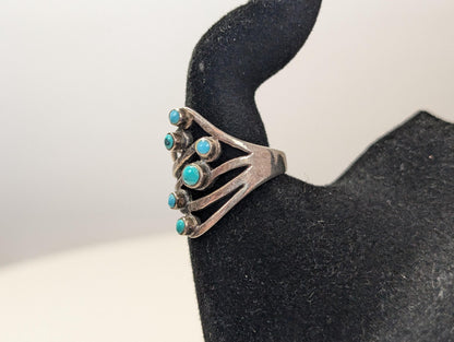 Sterling Silver Native American Multi-Turquoise Stone Ring - Size 9 - Stamped and Tested Sterling Silver - 6 Stone Ring