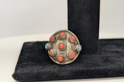 Sterling Silver Native American Southwest Turquoise Coral Inlay Ring - Size 9 - Tested Sterling Silver - Zuni Turquoise Coral Shield Ring