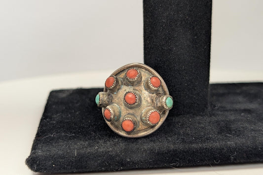 Sterling Silver Native American Southwest Turquoise Coral Inlay Ring - Size 9 - Tested Sterling Silver - Zuni Turquoise Coral Shield Ring