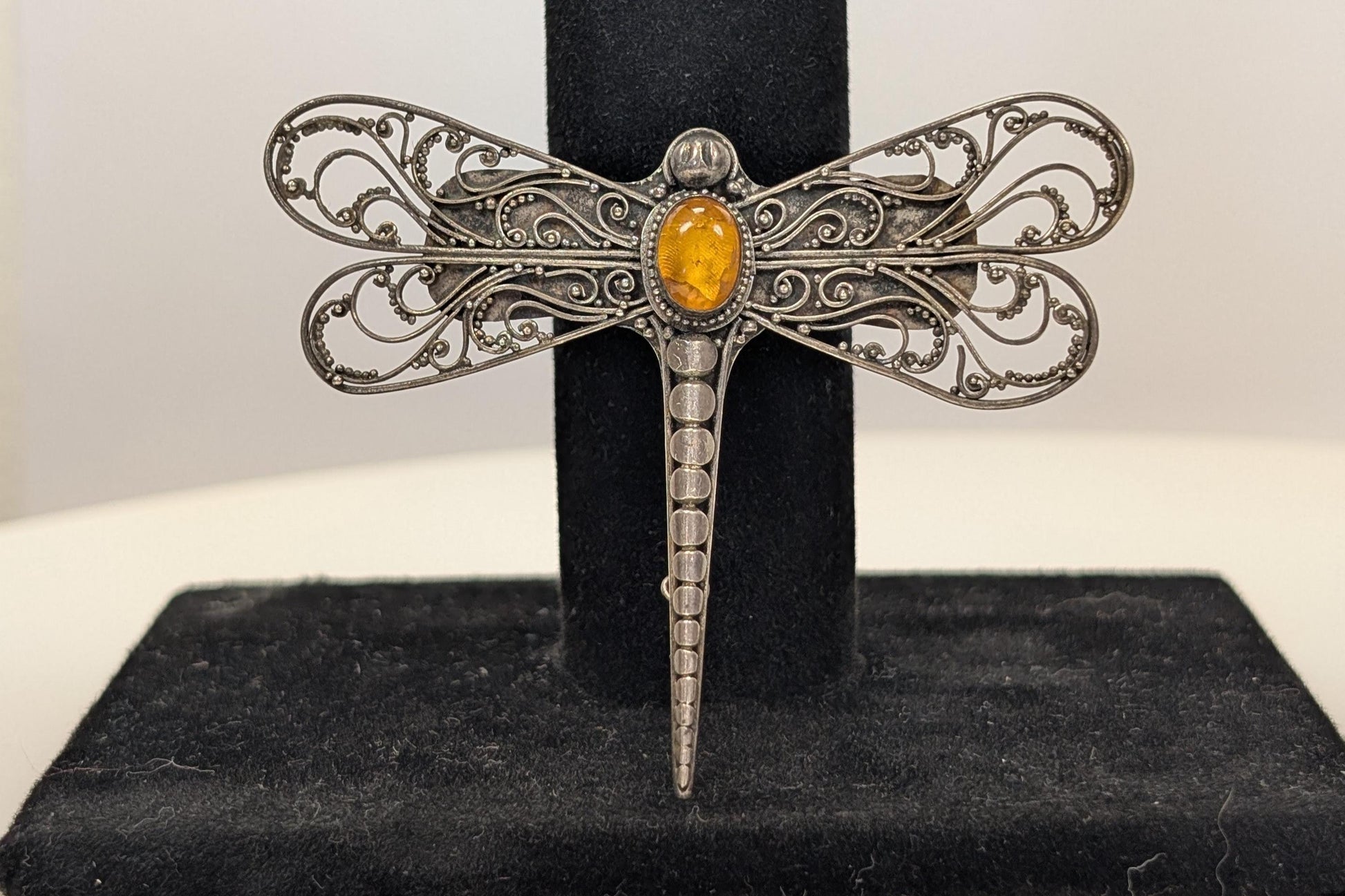 Sterling Silver Amber Dragonfly Filigree Brooch - Stamped and Tested Sterling Silver - Modernist Brooch pin