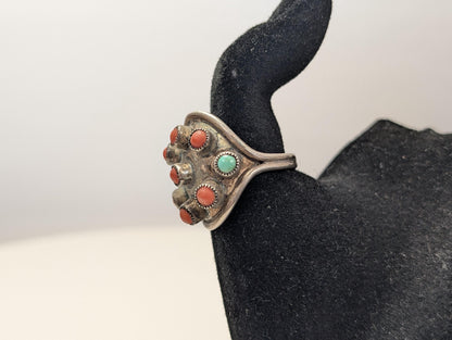 Sterling Silver Native American Southwest Turquoise Coral Inlay Ring - Size 9 - Tested Sterling Silver - Zuni Turquoise Coral Shield Ring
