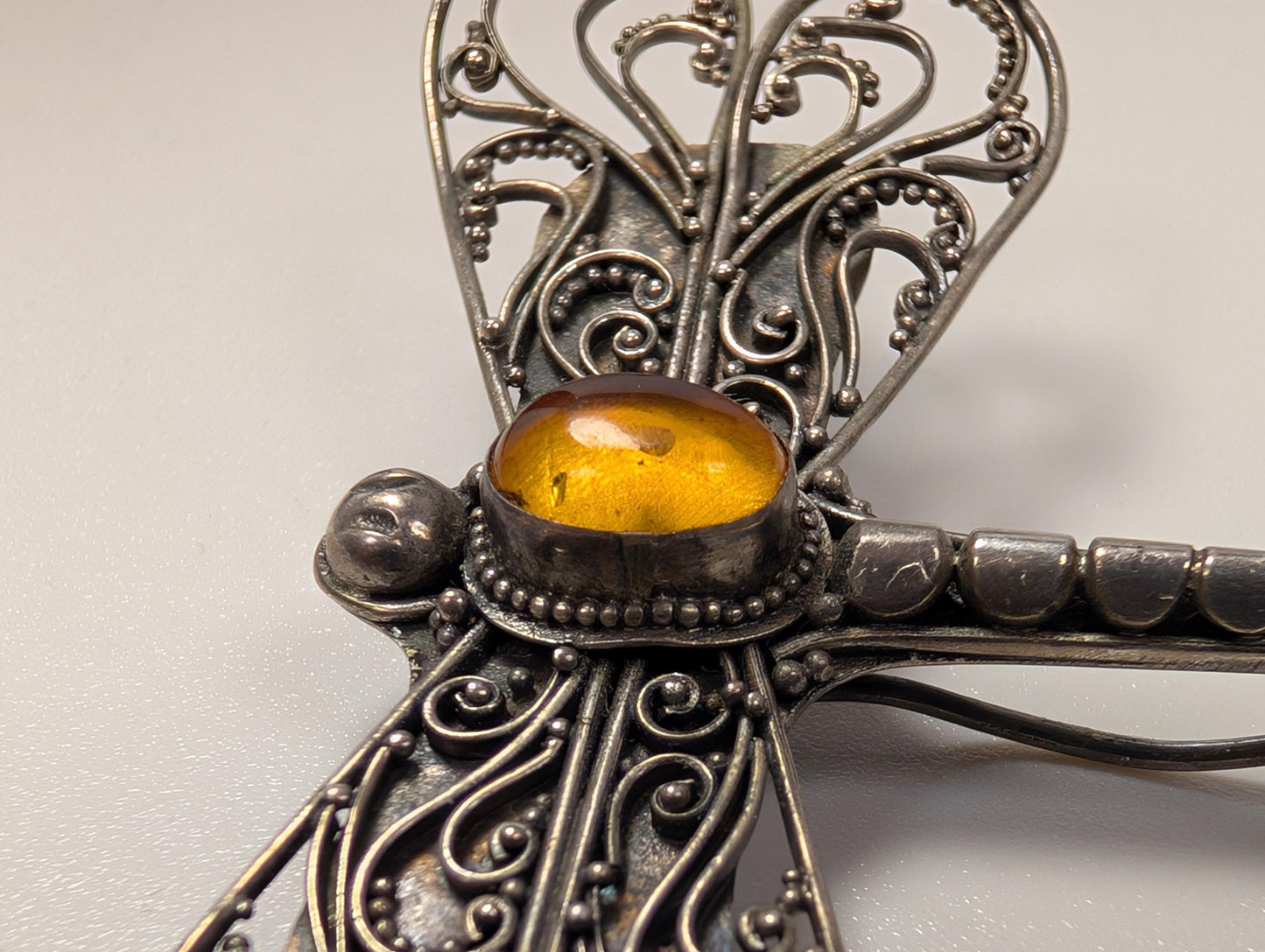Sterling Silver Amber Dragonfly Filigree Brooch - Stamped and Tested Sterling Silver - Modernist Brooch pin