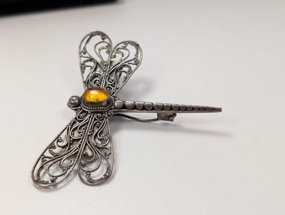 Sterling Silver Amber Dragonfly Filigree Brooch - Stamped and Tested Sterling Silver - Modernist Brooch pin
