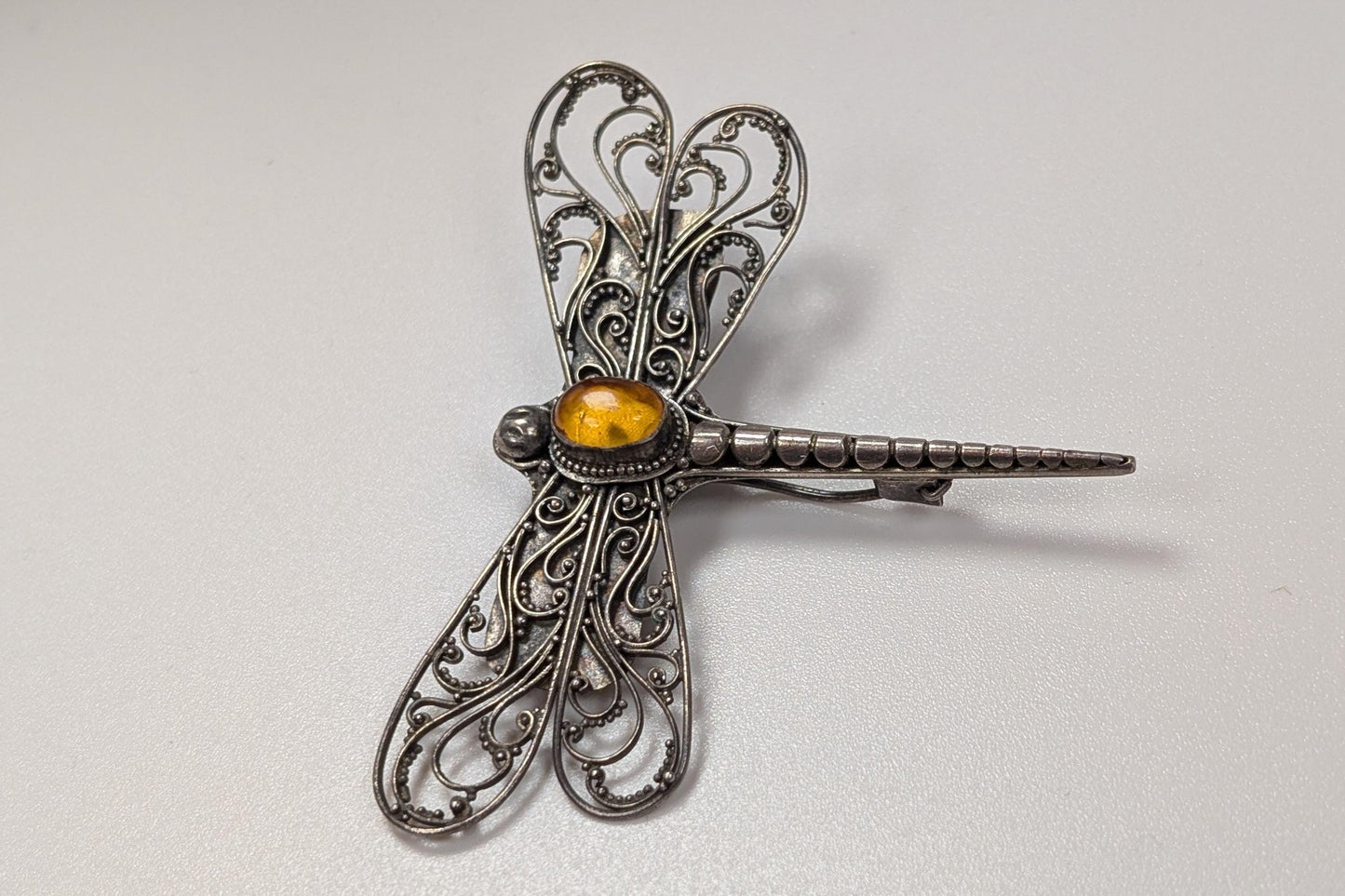 Sterling Silver Amber Dragonfly Filigree Brooch - Stamped and Tested Sterling Silver - Modernist Brooch pin