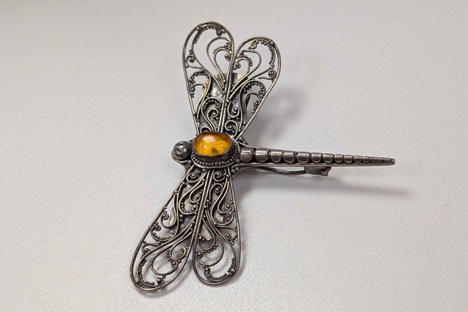 Sterling Silver Amber Dragonfly Filigree Brooch - Stamped and Tested Sterling Silver - Modernist Brooch pin
