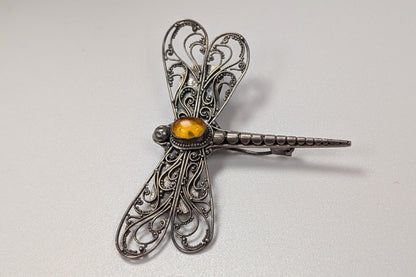 Sterling Silver Amber Dragonfly Filigree Brooch - Stamped and Tested Sterling Silver - Modernist Brooch pin