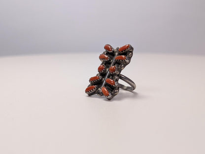 Sterling Silver Native American Southwest Coral Ring - Size 5 - Tested Sterling Silver - Zuni Coral Bar Shaped Ring