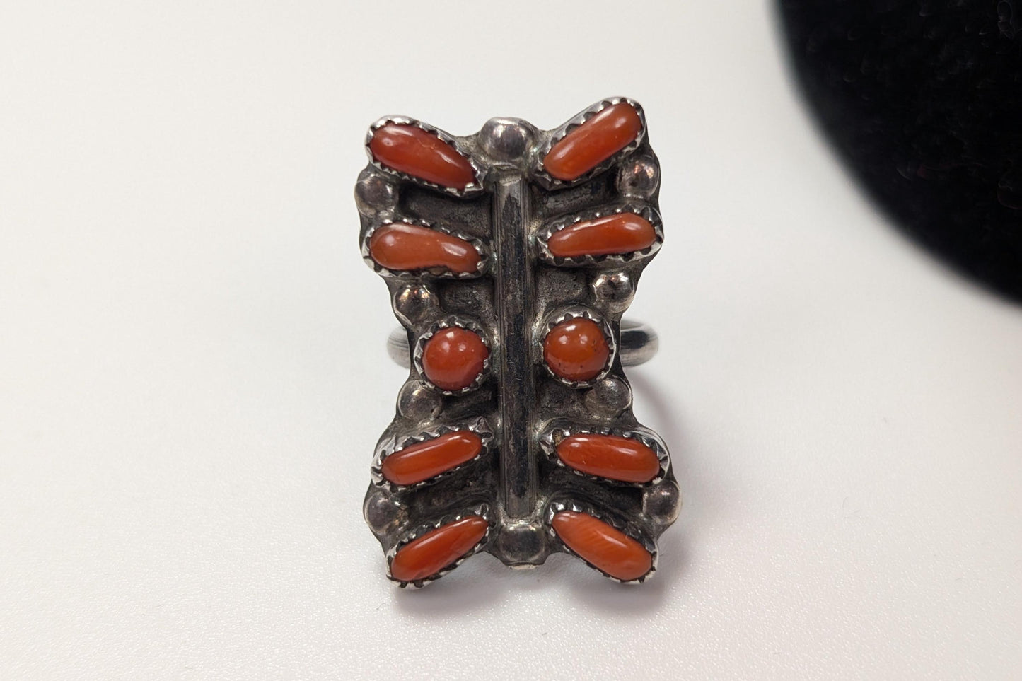 Sterling Silver Native American Southwest Coral Ring - Size 5 - Tested Sterling Silver - Zuni Coral Bar Shaped Ring