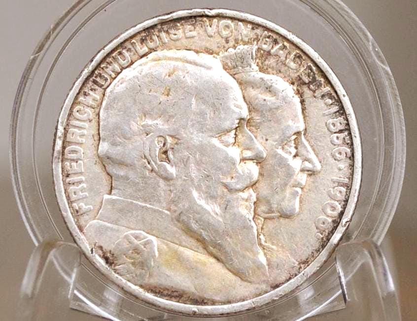 1906 Silver German Golden Wedding 2 Mark - XF Condition - 50th Anniversary of the Wedding of Duke Friedrich I and Louise - Silver 2 Mark