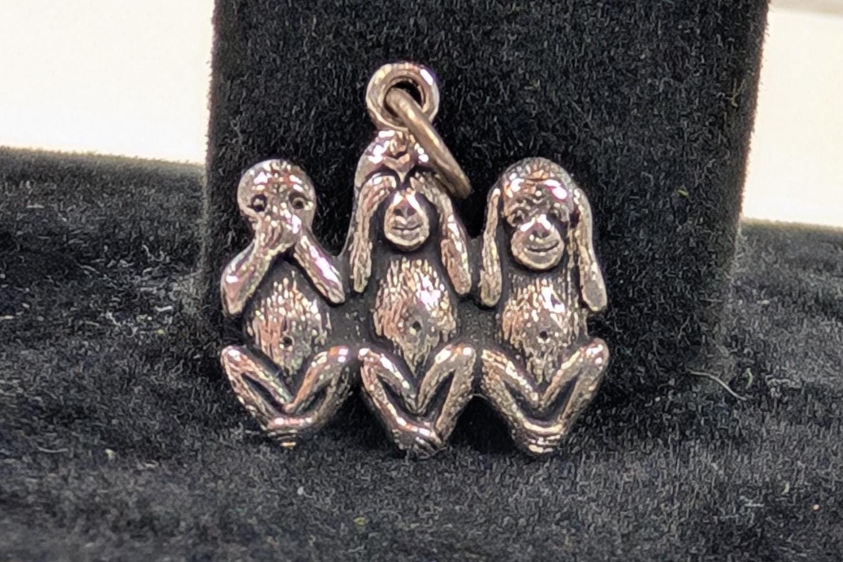 Sterling Silver "See No Evil" 3 Wise Monkeys Pendant - Tested Sterling Silver - "Monkey See Monkey Do"