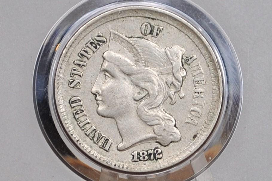 1872 Three Cent Nickel US Coin - Civil War Era - Great Condition - Choose by Grade / Condition Us 3 Cent Coins 1872