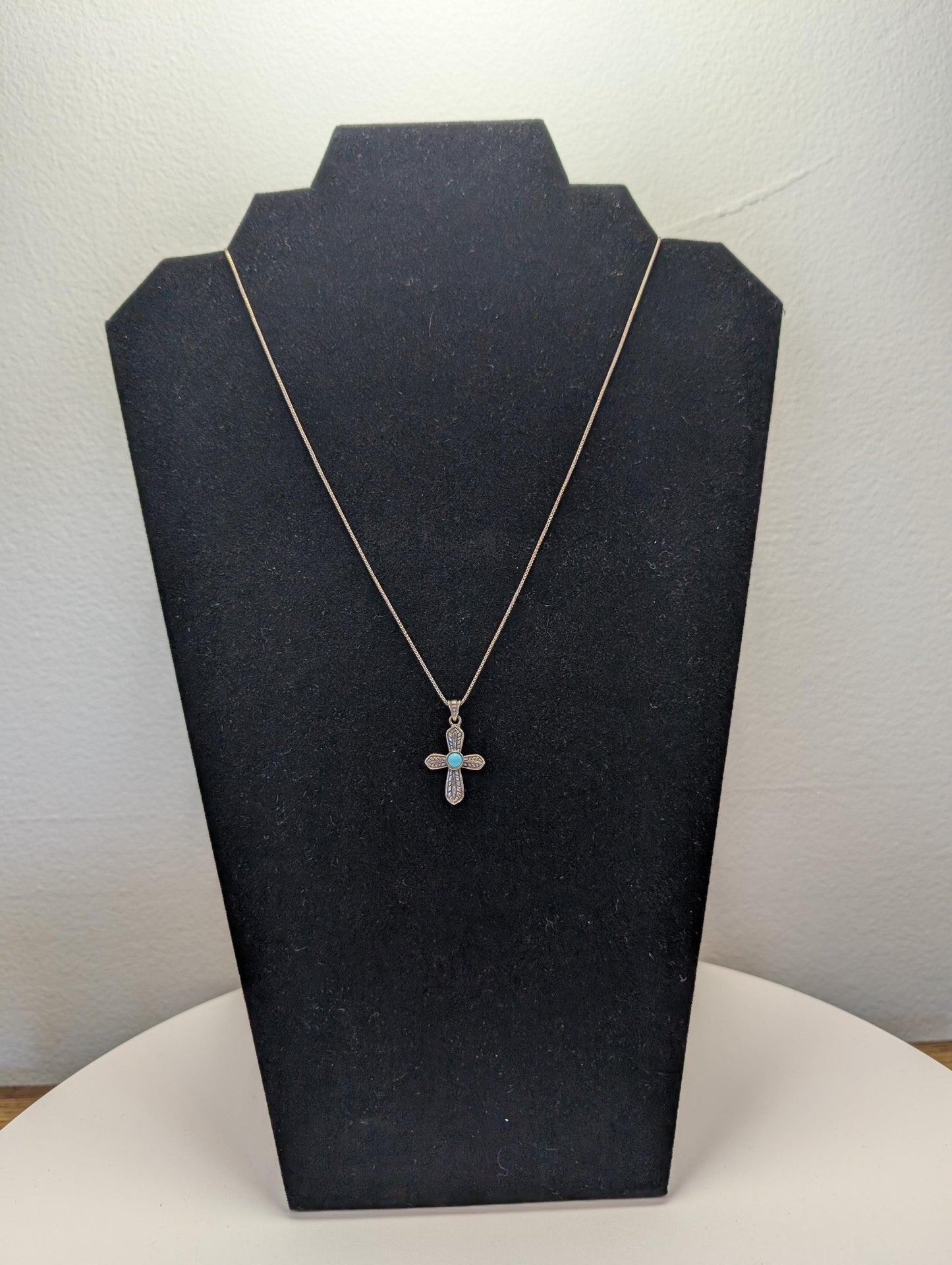 Sterling Silver Turquoise Cross Necklace - 18 Inches - Stamped and Tested Sterling Silver - Crucifix Pendant