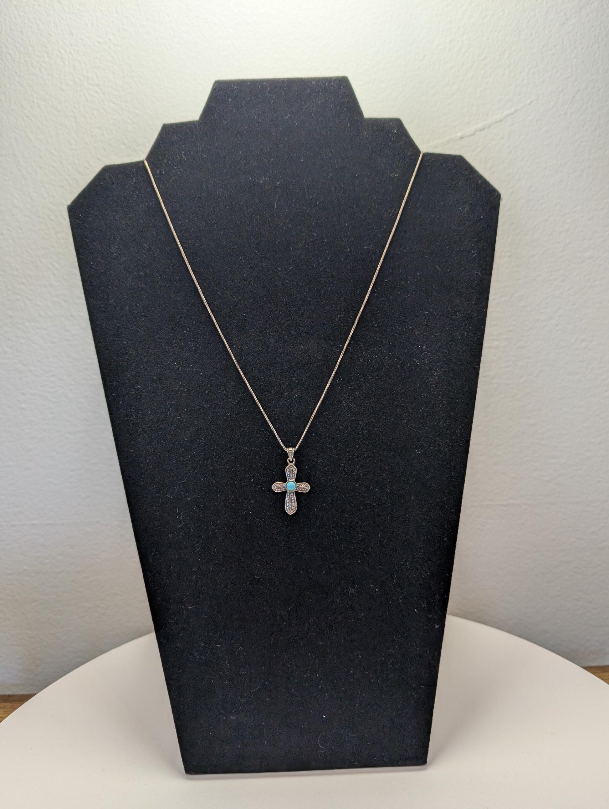 Sterling Silver Turquoise Cross Necklace - 18 Inches - Stamped and Tested Sterling Silver - Crucifix Pendant