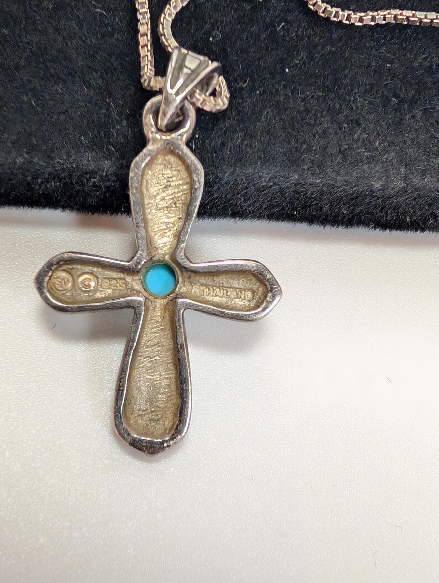 Sterling Silver Turquoise Cross Necklace - 18 Inches - Stamped and Tested Sterling Silver - Crucifix Pendant