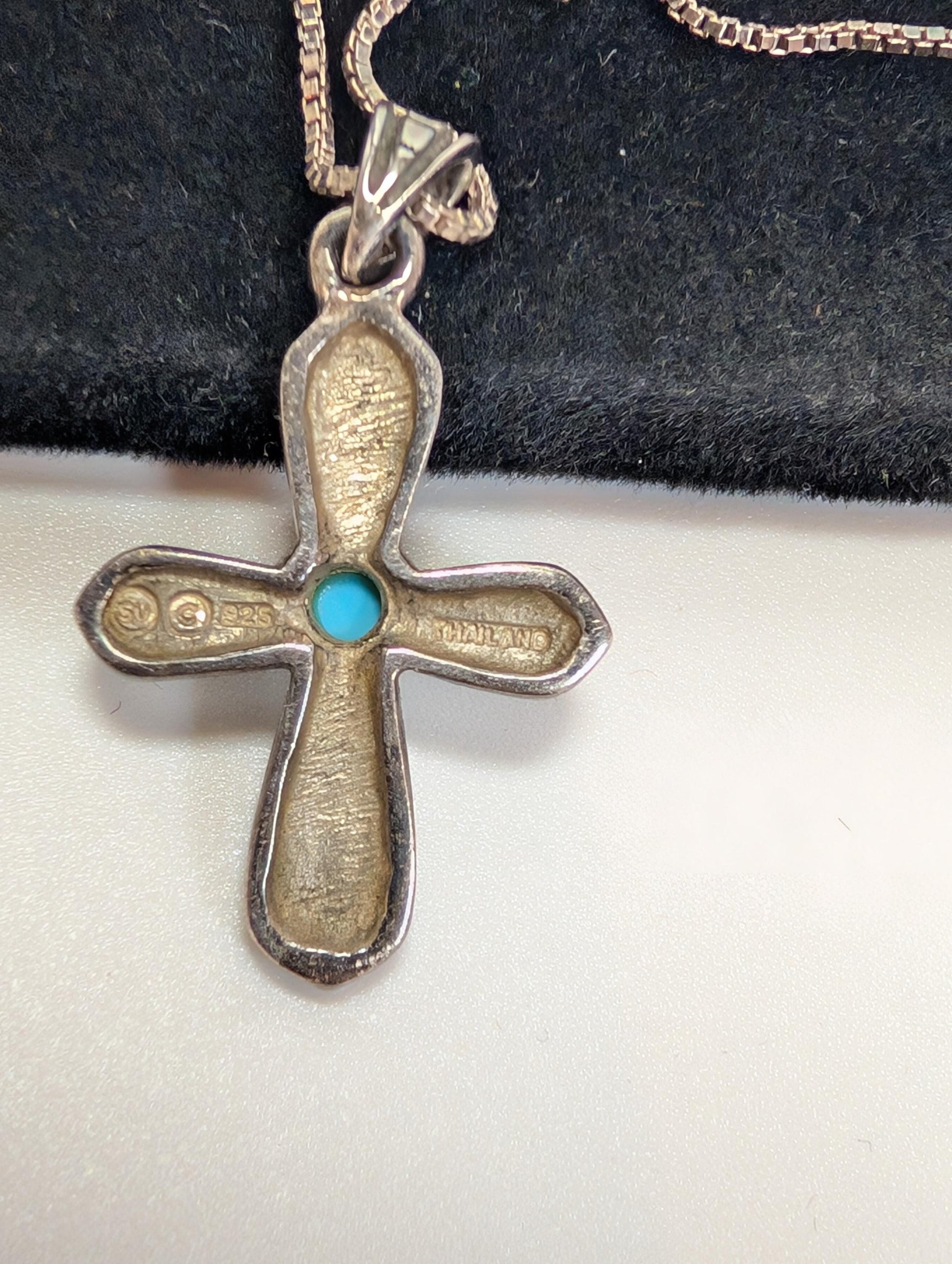 Sterling Silver Turquoise Cross Necklace - 18 Inches - Stamped and Tested Sterling Silver - Crucifix Pendant