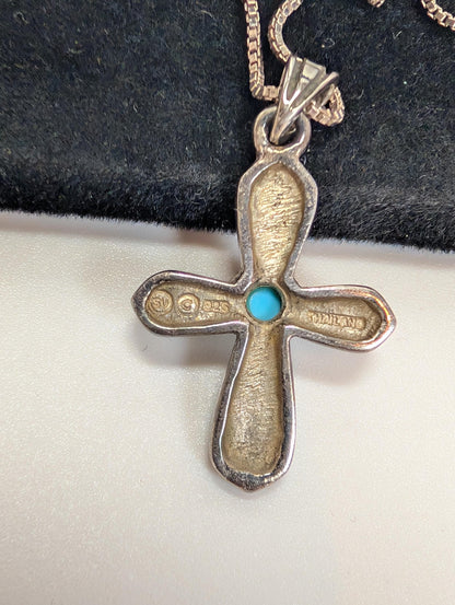 Sterling Silver Turquoise Cross Necklace - 18 Inches - Stamped and Tested Sterling Silver - Crucifix Pendant